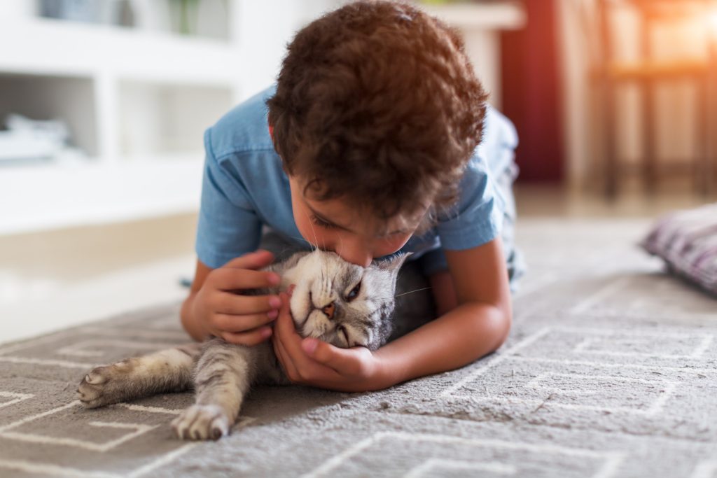 child with pet